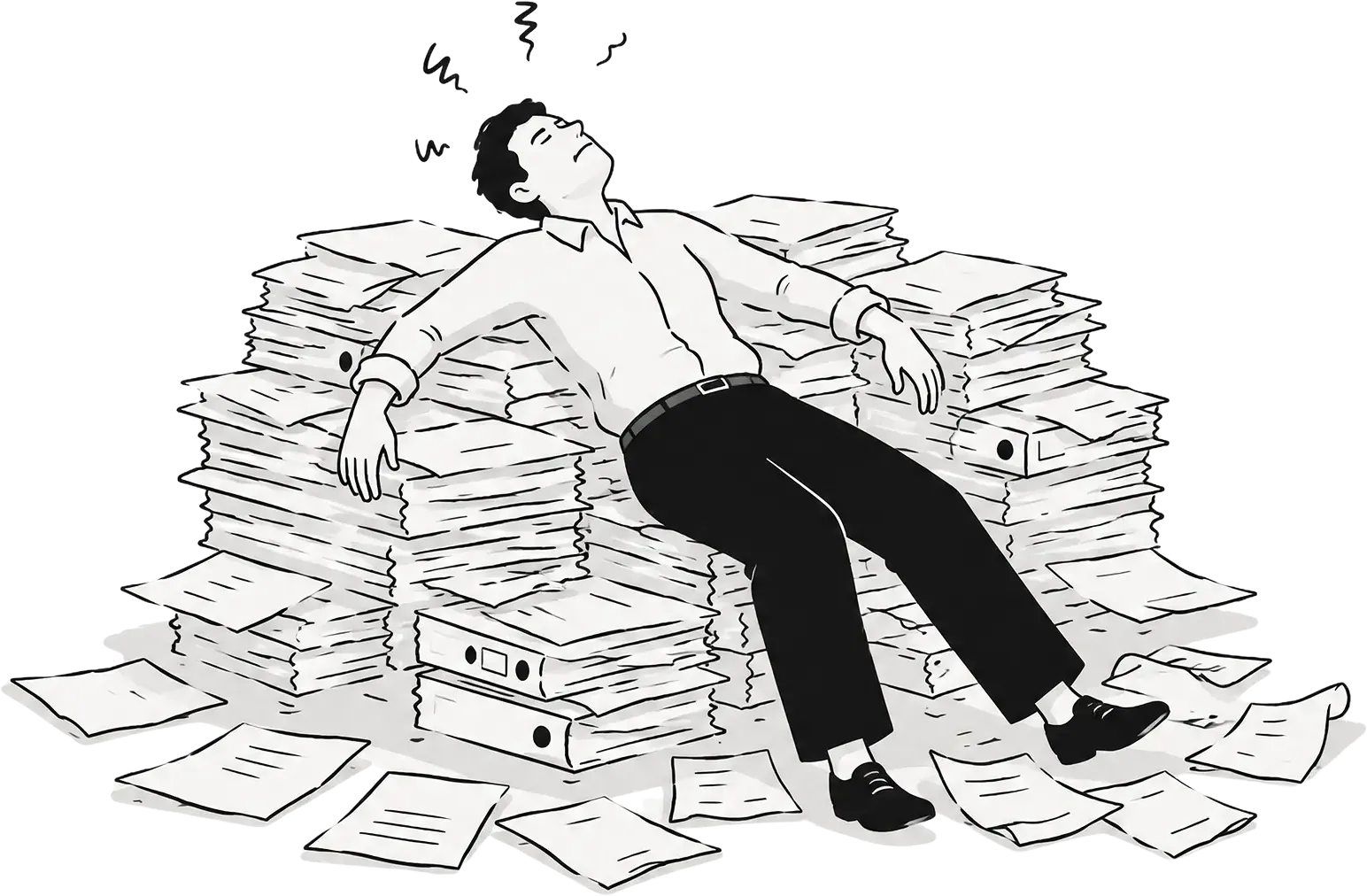 Illustration of a professional slumped against stacks of paperwork